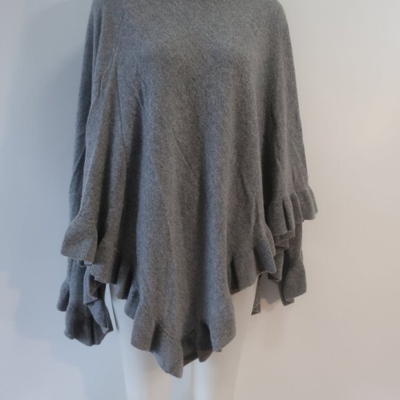 Womens Minnie Rose Grey Ruffled Trim Pure Cashmere Turtleneck Poncho Sweater O/S - Picture 5 of 11